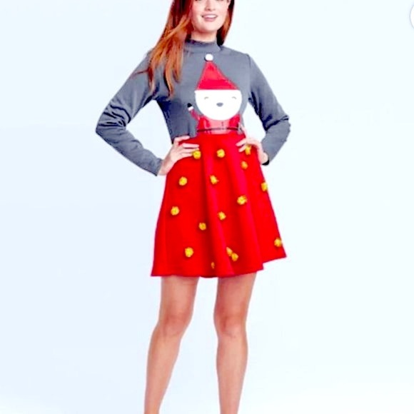 Christmas dress embellished santa golden pom poms red and gray fleece lined - Picture 4 of 8